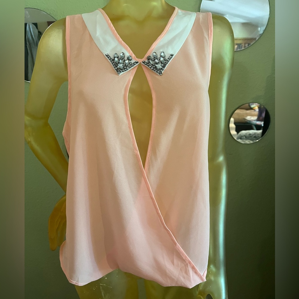 Women’s blush pink blouse with rhinestone collar